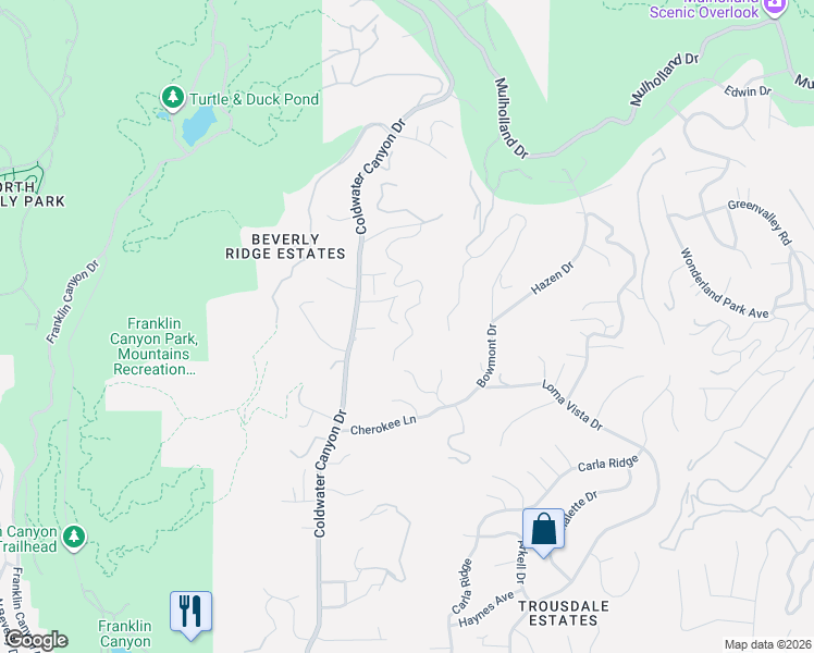 map of restaurants, bars, coffee shops, grocery stores, and more near 2271 Gloaming Way in Beverly Hills