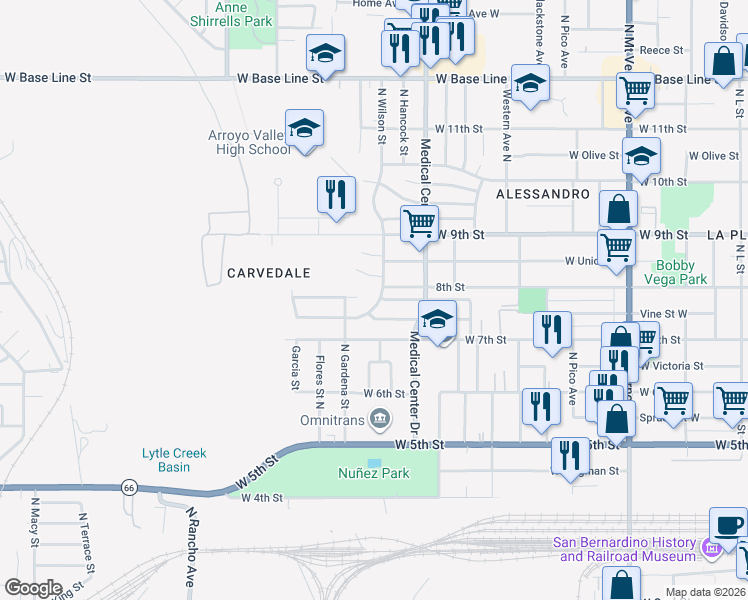 map of restaurants, bars, coffee shops, grocery stores, and more near 768 North Wilson Street in San Bernardino