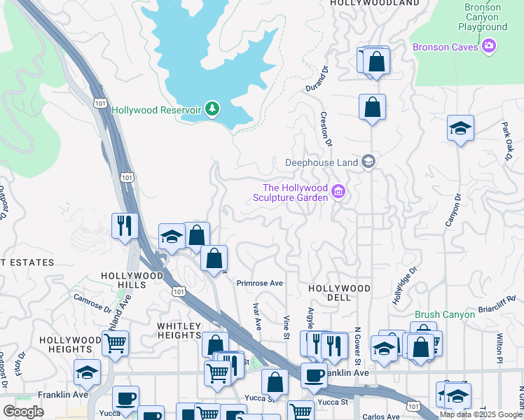map of restaurants, bars, coffee shops, grocery stores, and more near 6345 Bryn Mawr Drive in Los Angeles