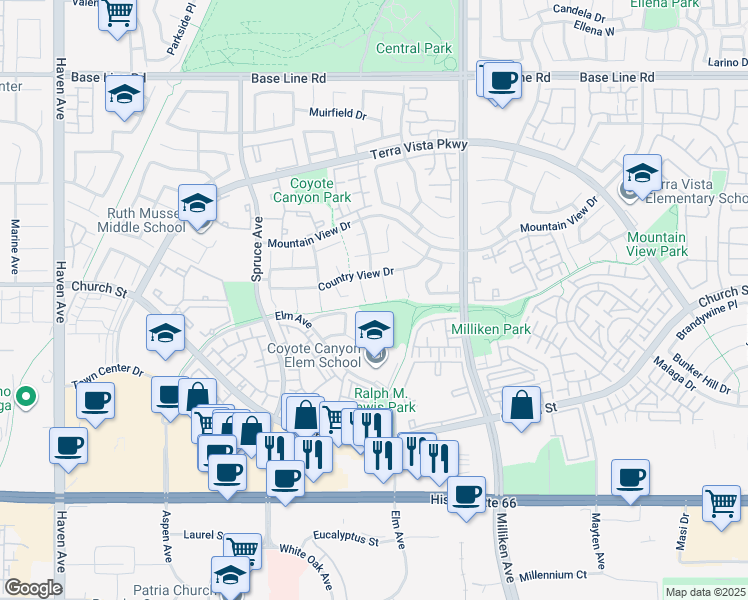 map of restaurants, bars, coffee shops, grocery stores, and more near 7801 Danner Court in Rancho Cucamonga