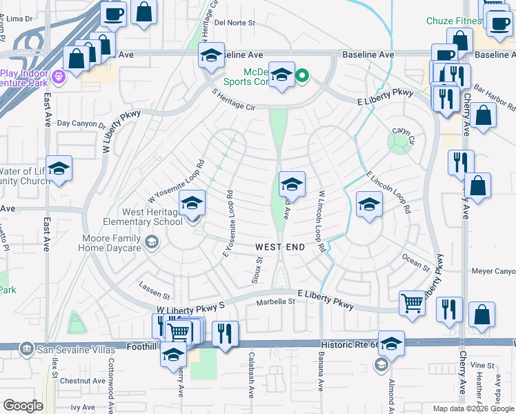 map of restaurants, bars, coffee shops, grocery stores, and more near 13751 Cabrillo Court in Fontana