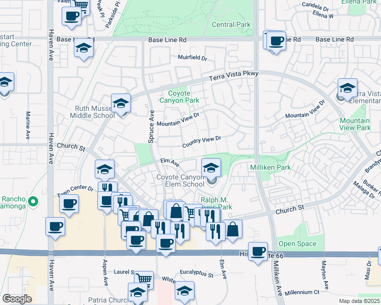 map of restaurants, bars, coffee shops, grocery stores, and more near 11039 Meyers Drive in Rancho Cucamonga