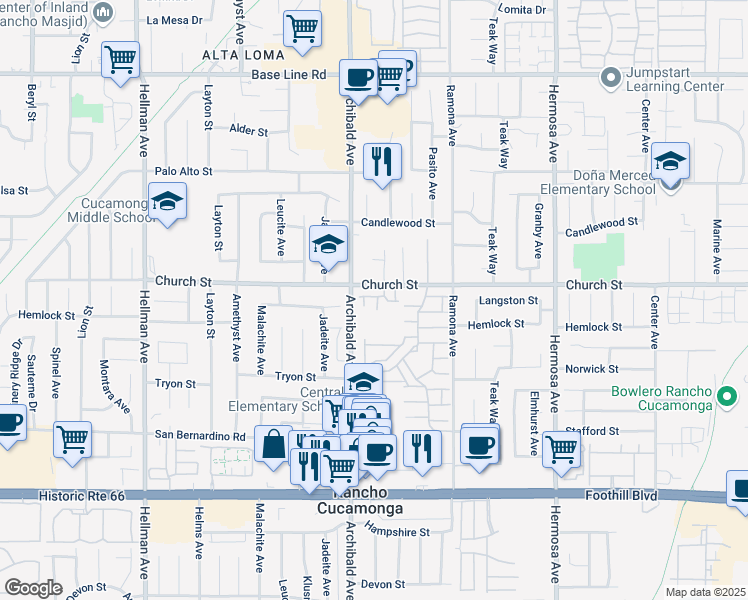 map of restaurants, bars, coffee shops, grocery stores, and more near 7744 Ashbury Court in Rancho Cucamonga