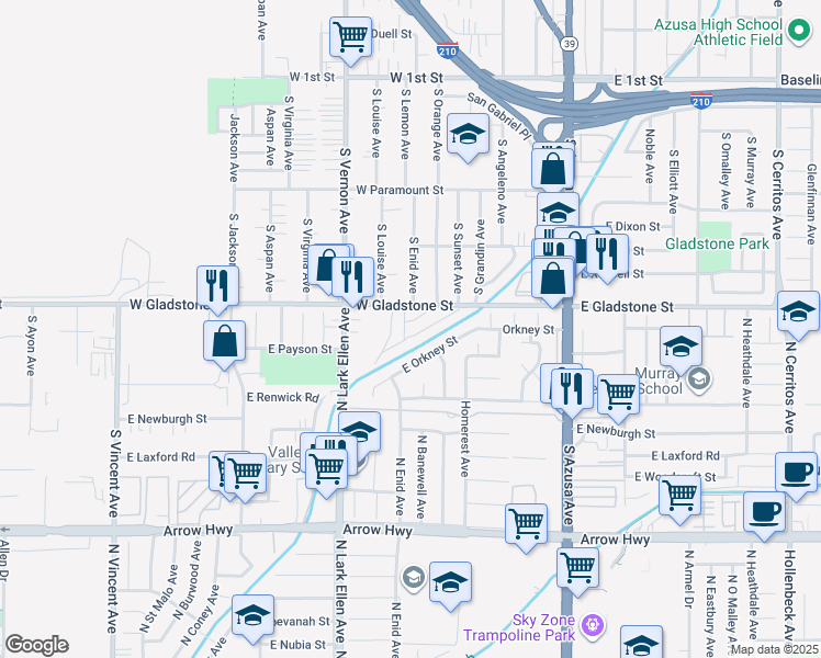 map of restaurants, bars, coffee shops, grocery stores, and more near 62 Boulder Street in Azusa