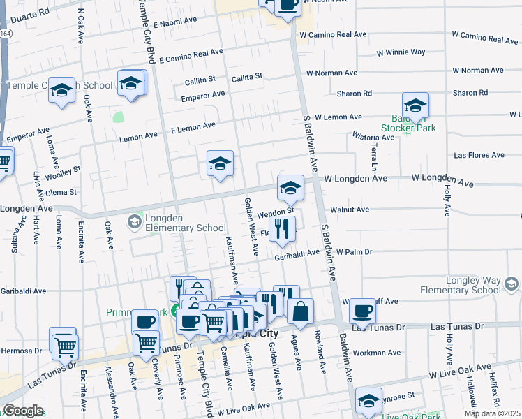 map of restaurants, bars, coffee shops, grocery stores, and more near 6226 Golden West Avenue in Temple City
