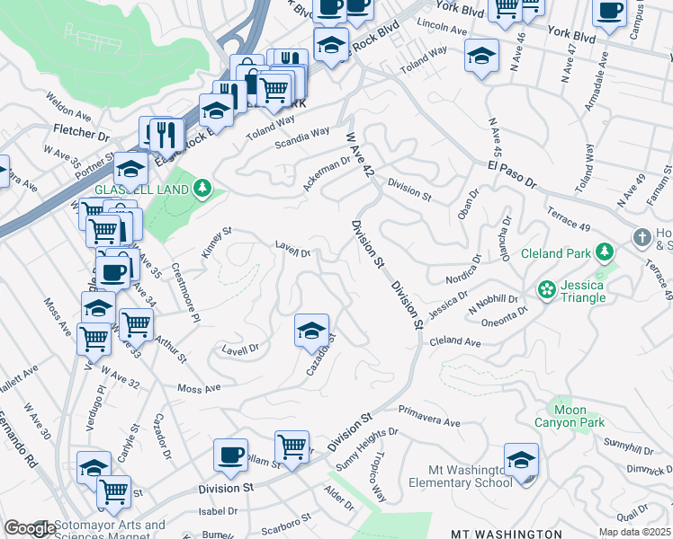 map of restaurants, bars, coffee shops, grocery stores, and more near 3866 Cazador Street in Los Angeles