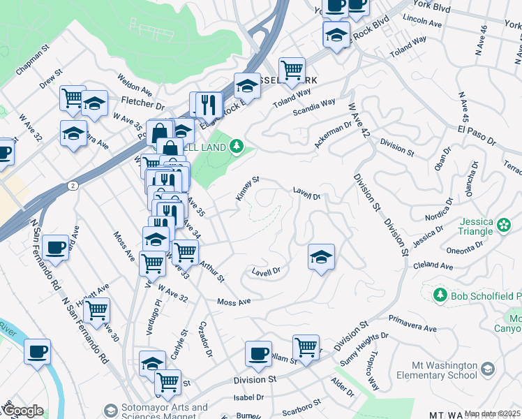 map of restaurants, bars, coffee shops, grocery stores, and more near 2512 El Rosa Drive in Los Angeles