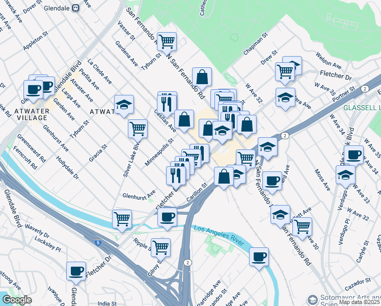 map of restaurants, bars, coffee shops, grocery stores, and more near 3123 La Clede Avenue in Los Angeles