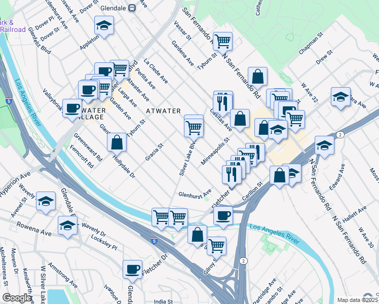 map of restaurants, bars, coffee shops, grocery stores, and more near 3221 Larga Avenue in Los Angeles