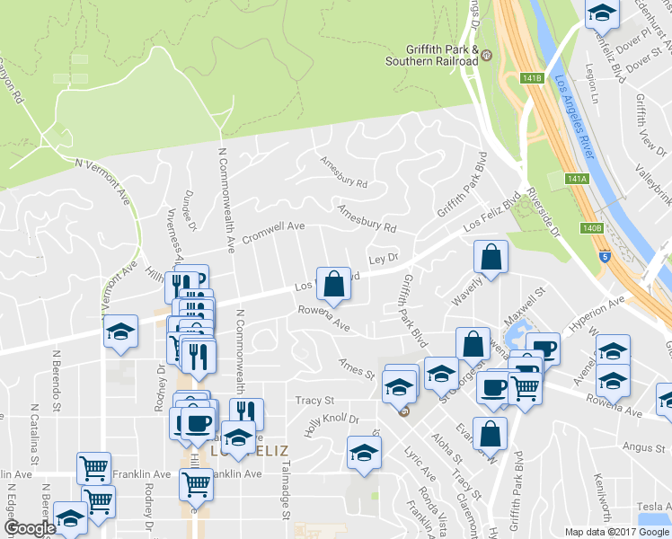map of restaurants, bars, coffee shops, grocery stores, and more near in Los Angeles