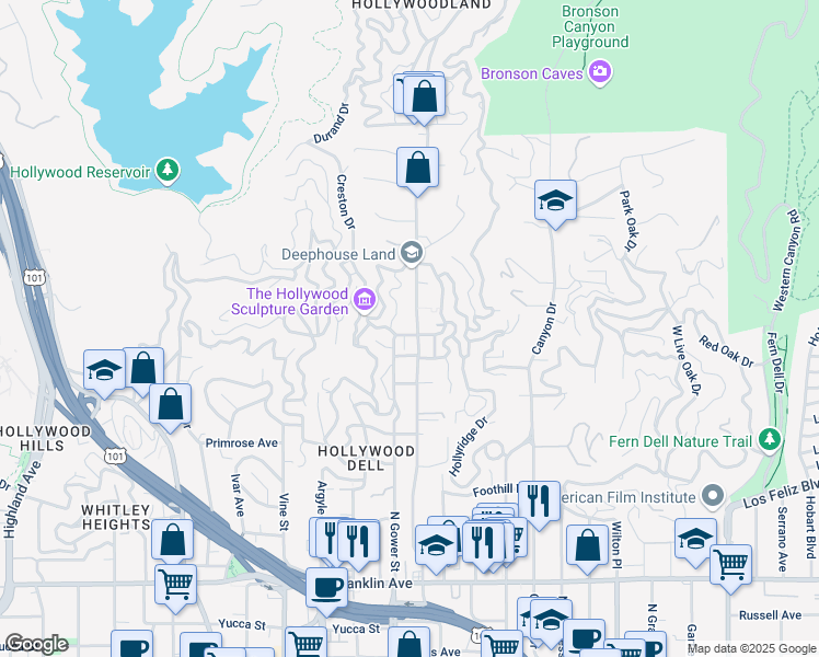 map of restaurants, bars, coffee shops, grocery stores, and more near 2327 North Beachwood Drive in Los Angeles