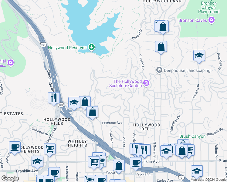 map of restaurants, bars, coffee shops, grocery stores, and more near 6345 Bryn Mawr Drive in Los Angeles