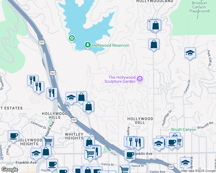 map of restaurants, bars, coffee shops, grocery stores, and more near 6414 Bryn Mawr Drive in Los Angeles