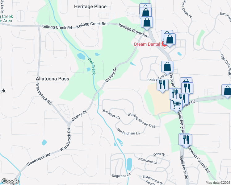 map of restaurants, bars, coffee shops, grocery stores, and more near 1612 Eagle Drive in Woodstock