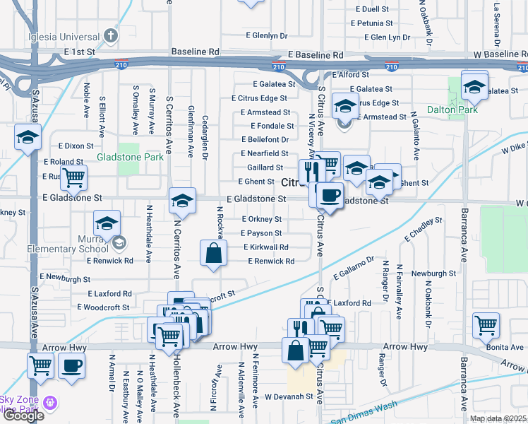 map of restaurants, bars, coffee shops, grocery stores, and more near 5508 Twintree Avenue in Azusa