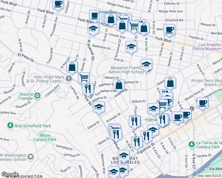 map of restaurants, bars, coffee shops, grocery stores, and more near 5139 San Rafael Avenue in Los Angeles