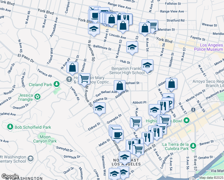 map of restaurants, bars, coffee shops, grocery stores, and more near 5139 San Rafael Avenue in Los Angeles