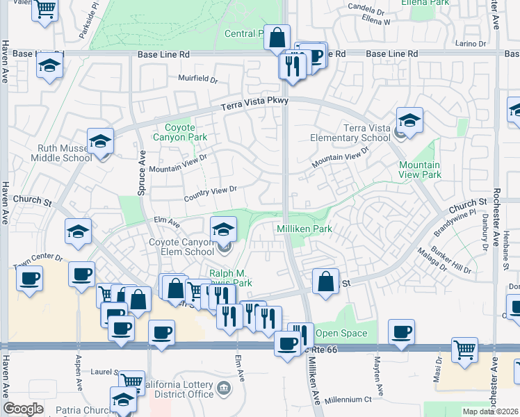 map of restaurants, bars, coffee shops, grocery stores, and more near 11209 Amiata Drive in Rancho Cucamonga