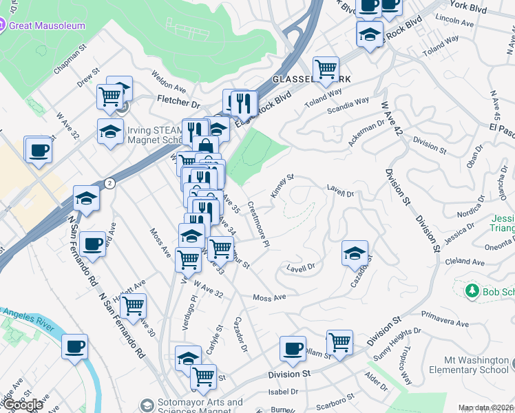 map of restaurants, bars, coffee shops, grocery stores, and more near 2603 Crestmoore Place in Los Angeles