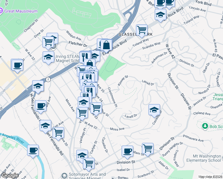 map of restaurants, bars, coffee shops, grocery stores, and more near 2603 Crestmoore Place in Los Angeles