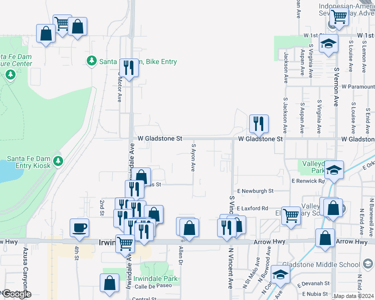 map of restaurants, bars, coffee shops, grocery stores, and more near 5539 Ayon Avenue in Irwindale