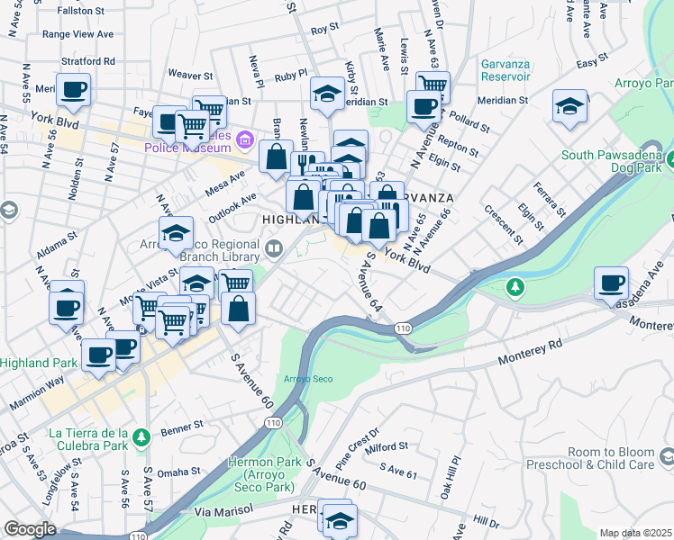 map of restaurants, bars, coffee shops, grocery stores, and more near 200 South Avenue 63 in Los Angeles