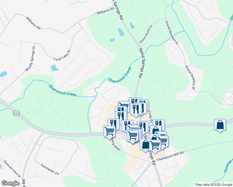 map of restaurants, bars, coffee shops, grocery stores, and more near 2841 Legislative Lane in Buford