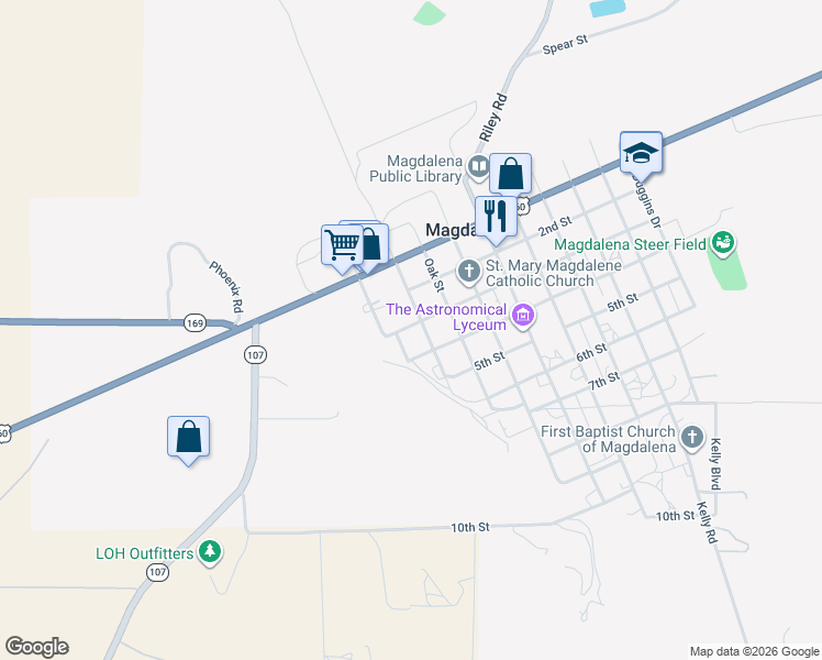 map of restaurants, bars, coffee shops, grocery stores, and more near Ash Street in Magdalena