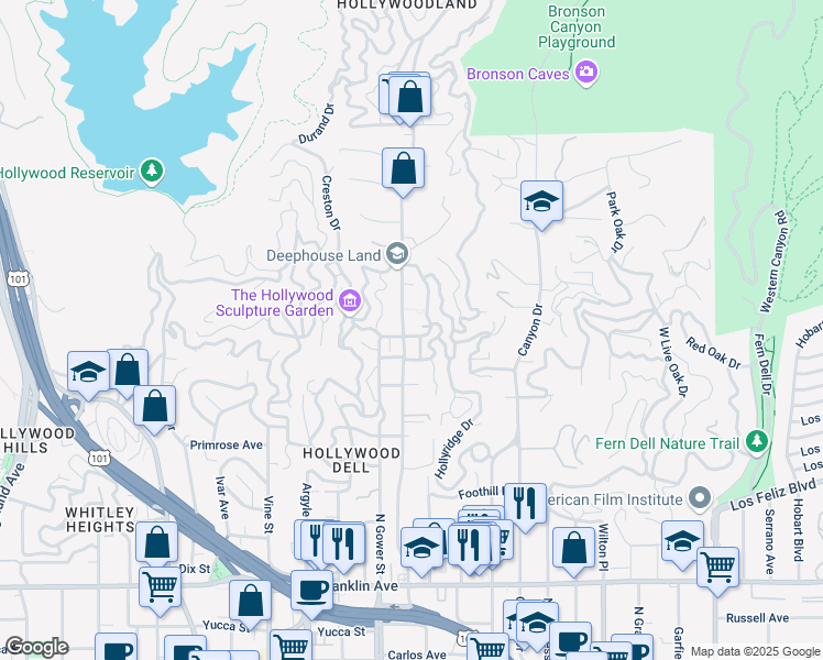 map of restaurants, bars, coffee shops, grocery stores, and more near 2412 North Beachwood Drive in Los Angeles