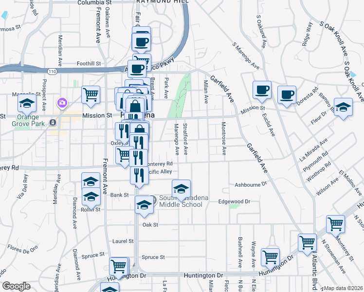 map of restaurants, bars, coffee shops, grocery stores, and more near 1126 Stratford Avenue in South Pasadena