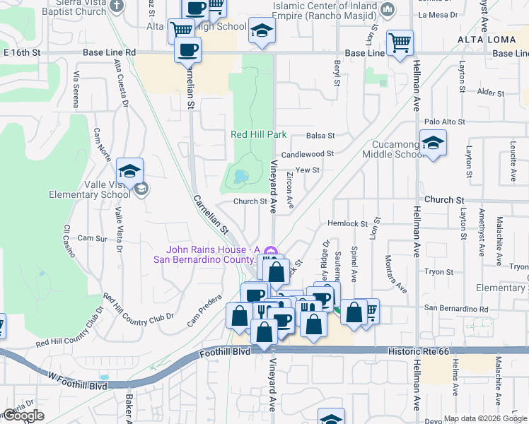 map of restaurants, bars, coffee shops, grocery stores, and more near 7741 San Diego Avenue in Rancho Cucamonga