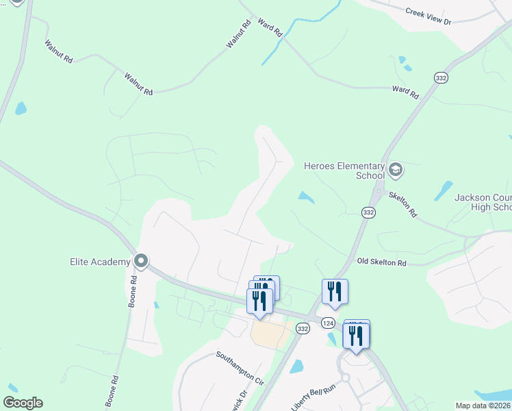map of restaurants, bars, coffee shops, grocery stores, and more near 132 Caldwell Lane in Hoschton
