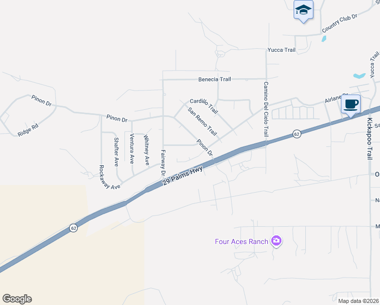 map of restaurants, bars, coffee shops, grocery stores, and more near 7611 La Paz Court in Yucca Valley