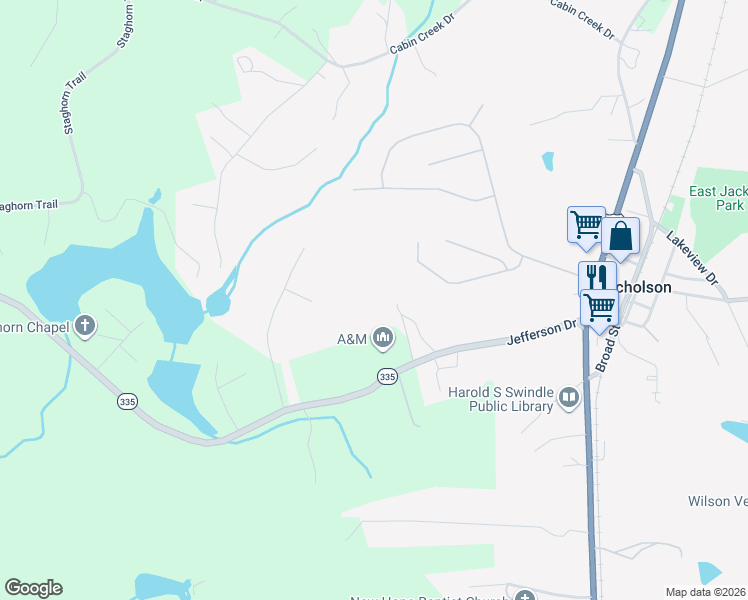 map of restaurants, bars, coffee shops, grocery stores, and more near 143 Rabbit Run in Nicholson