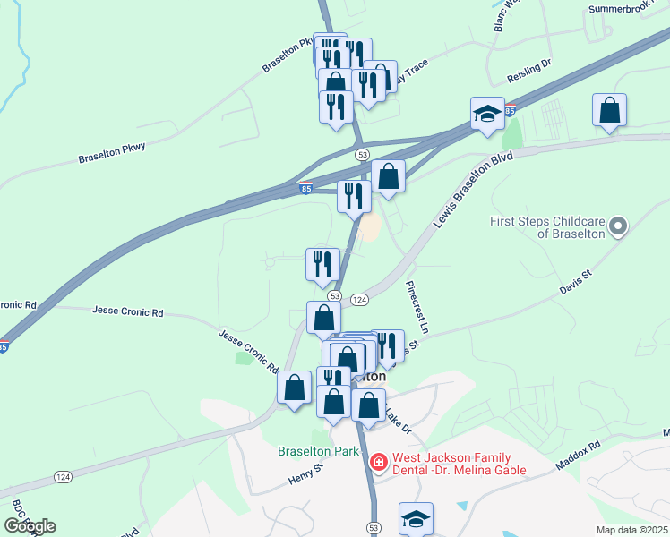 map of restaurants, bars, coffee shops, grocery stores, and more near 5455 Highway 53 in Braselton