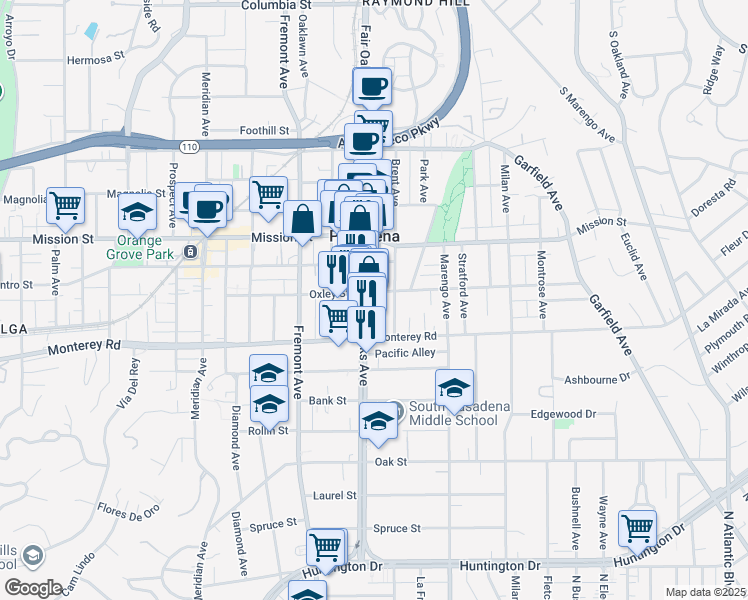 map of restaurants, bars, coffee shops, grocery stores, and more near 1116 Fair Oaks Avenue in South Pasadena