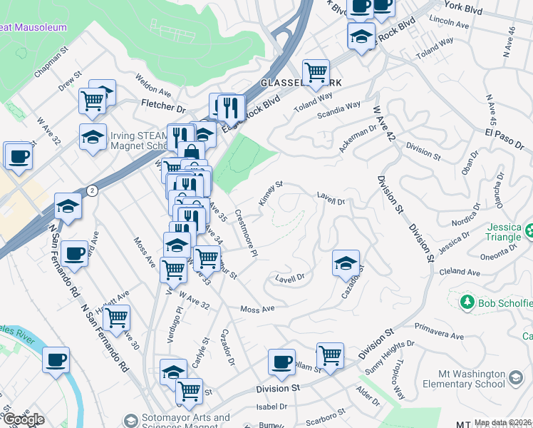 map of restaurants, bars, coffee shops, grocery stores, and more near 3560 Kinney Street in Los Angeles