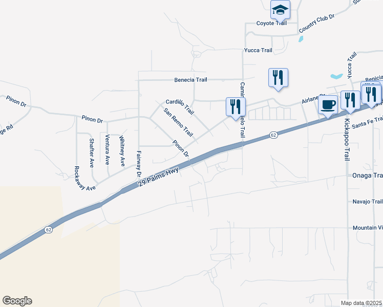 map of restaurants, bars, coffee shops, grocery stores, and more near 7625 Pinon Drive in Yucca Valley