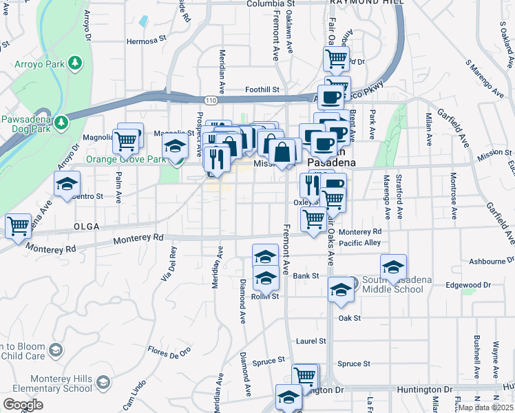 map of restaurants, bars, coffee shops, grocery stores, and more near 1114 Fairview Avenue in South Pasadena