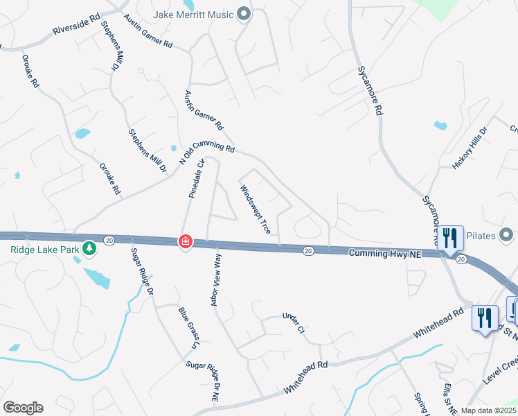 map of restaurants, bars, coffee shops, grocery stores, and more near 5425 Windswept Trace in Sugar Hill
