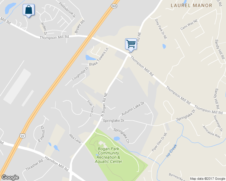 map of restaurants, bars, coffee shops, grocery stores, and more near 2871 North Bogan Road Northeast in Buford