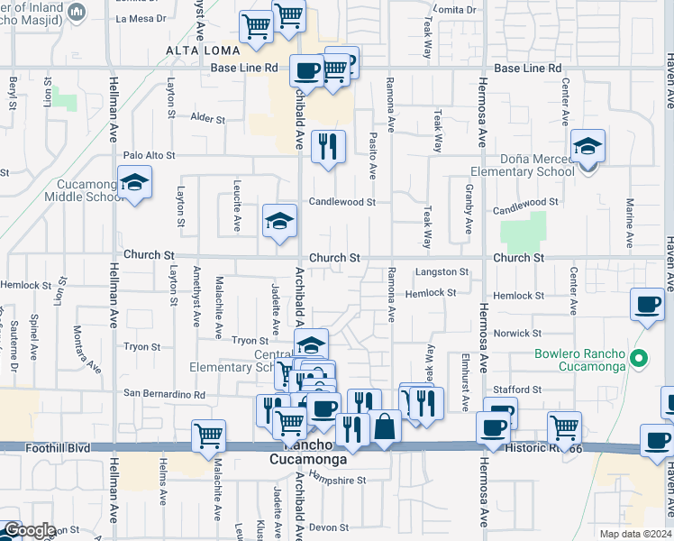 map of restaurants, bars, coffee shops, grocery stores, and more near 7728 Abbot Court in Rancho Cucamonga