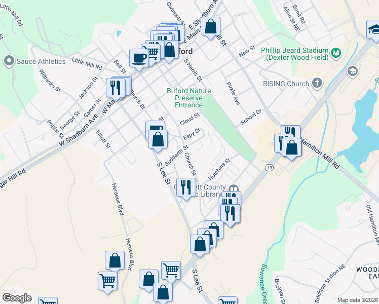 map of restaurants, bars, coffee shops, grocery stores, and more near 628 South Church Street in Buford