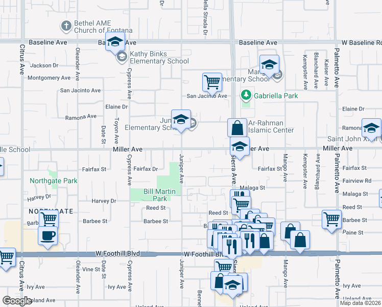 map of restaurants, bars, coffee shops, grocery stores, and more near 16733 Miller Avenue in Fontana