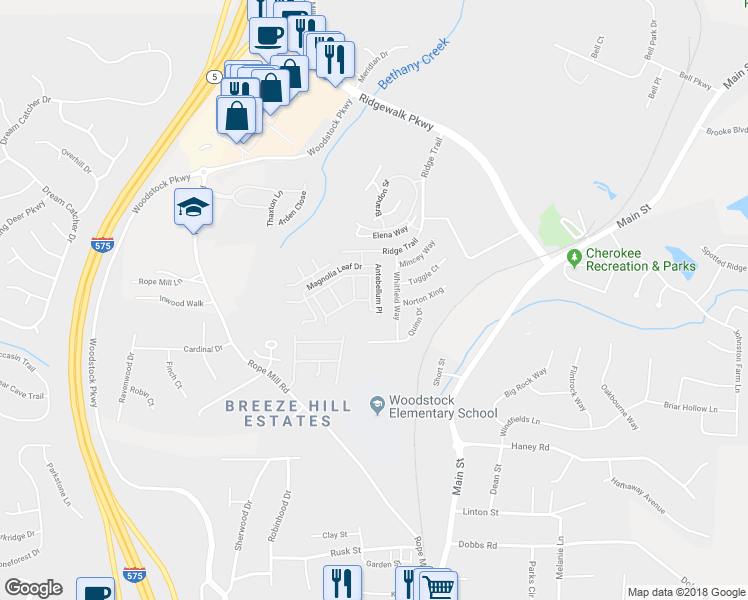 map of restaurants, bars, coffee shops, grocery stores, and more near 344 Antebellum Place in Woodstock