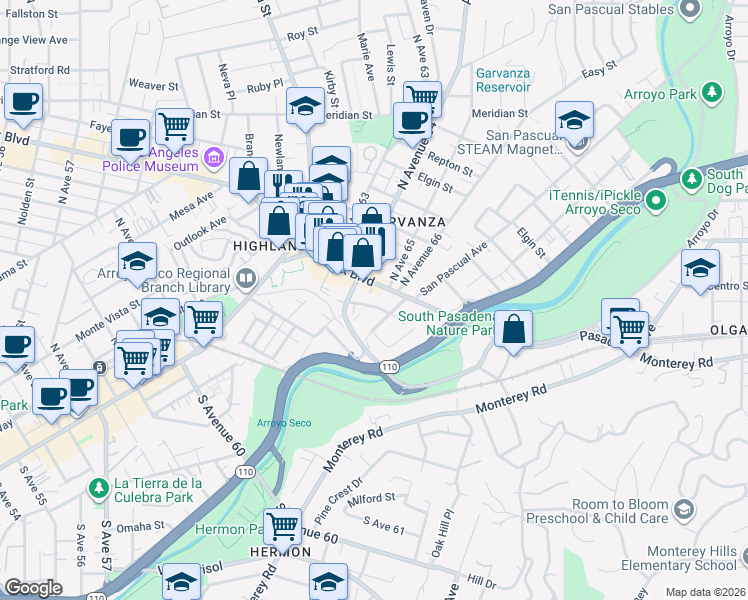 map of restaurants, bars, coffee shops, grocery stores, and more near 201 South Avenue 66 in Los Angeles