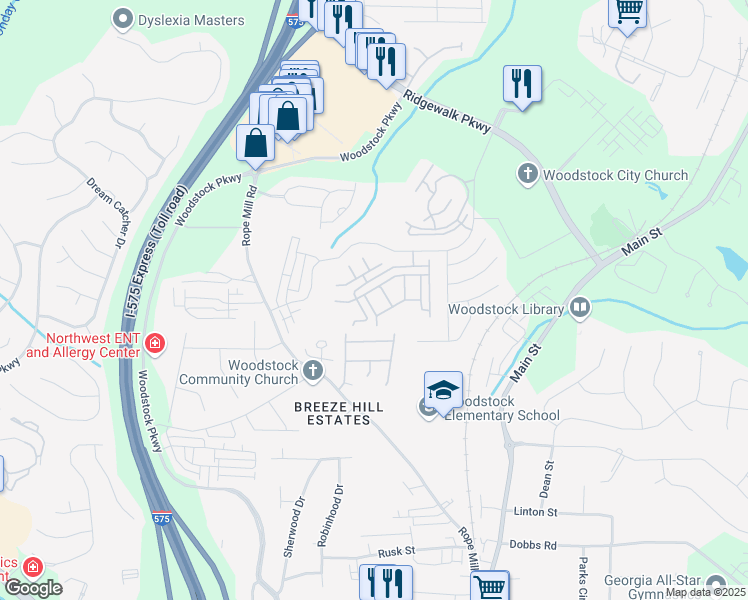 map of restaurants, bars, coffee shops, grocery stores, and more near 709 Breeze Lane in Woodstock