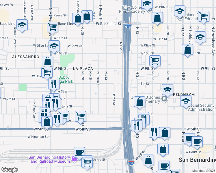 map of restaurants, bars, coffee shops, grocery stores, and more near in San Bernardino