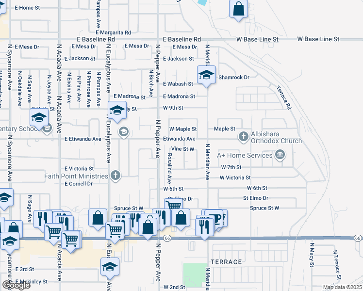 map of restaurants, bars, coffee shops, grocery stores, and more near 2804 Vine Street West in Rialto