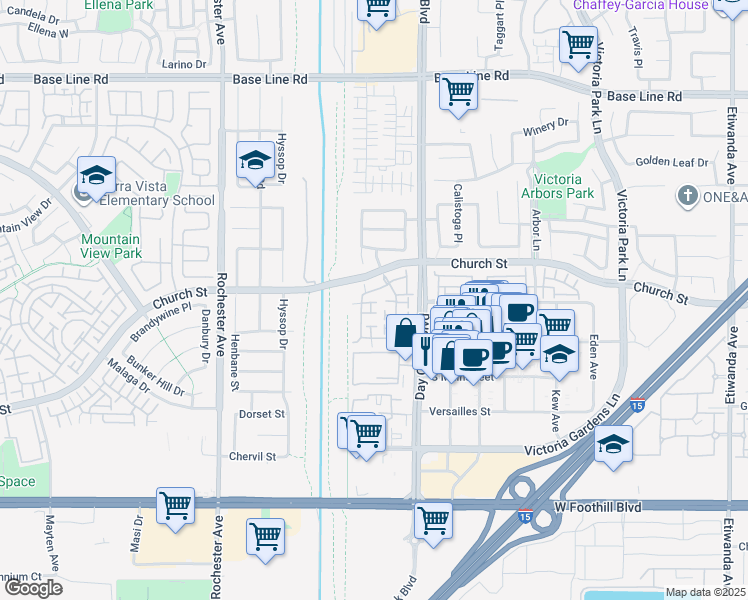 map of restaurants, bars, coffee shops, grocery stores, and more near 7705 Chambray Place in Rancho Cucamonga